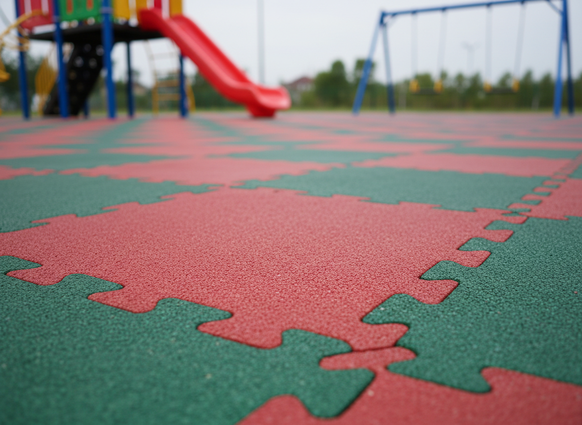 A close-up, photographic view of thick, shock-absorbing rubber safety tiles in vibrant red and deep green, forming a checkerboard pattern beneath a colorful outdoor playground structure. The tiles show a finely textured, slip-resistant surface with clearly visible interlocking seams and beveled, anti-trip edges. Soft overcast daylight creates even illumination, enhancing the rich colors without harsh shadows, while a shallow depth of field gently blurs the distant slide and swings. Captured at low angle, the composition highlights thickness and protective function, conveying security, reliability, and compliance with safety standards in a professional, high-quality aesthetic.