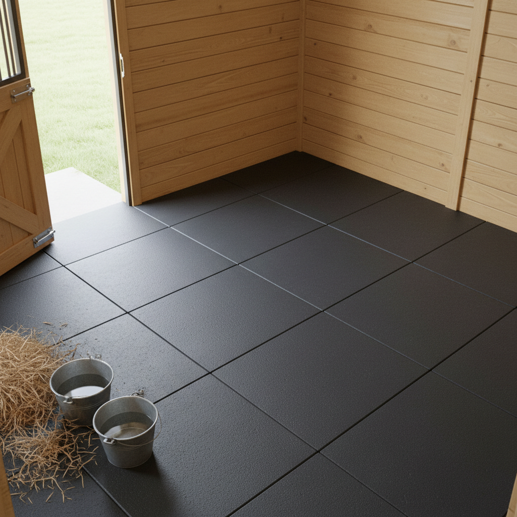 An outdoor equestrian box with thick, continuous rubber matting in deep charcoal, each panel perfectly cut to fit the stable floor, showing slight texturing for grip and gentle drainage channels. Clean wooden walls and metal hardware surround the space, while buckets and tidy bedding sit on the periphery, demonstrating a hygienic, easy-to-clean surface for horses. Natural daylight filters in from an open stable door, creating soft lateral light, subtle highlights on the rubber’s surface, and natural shadows along the grooves. Photographic realism, captured from a corner at a slightly elevated angle, communicating comfort, safety, and durability for animal housing in a professional, farm-ready setting.