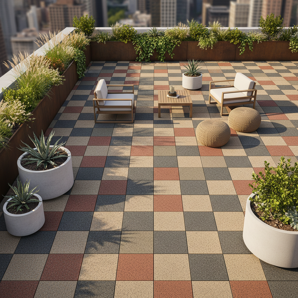 A bird’s-eye, photographic view of a modern rooftop terrace fitted with modular, drainage-friendly rubber tiles in muted earth tones, neatly forming a grid pattern with precise seams. Planters with lush greenery and minimalist outdoor furnishings rest on the resilient surface, indicating slip resistance and weather durability. Late afternoon natural light casts long, soft shadows from the planters and furniture, emphasizing the texture and subtle relief of the tiles. The composition is clean and architectural, with strong geometric lines and sharp focus across the frame, creating a professional, premium impression of outdoor rubber flooring suitable for terraces, playgrounds, and public spaces.